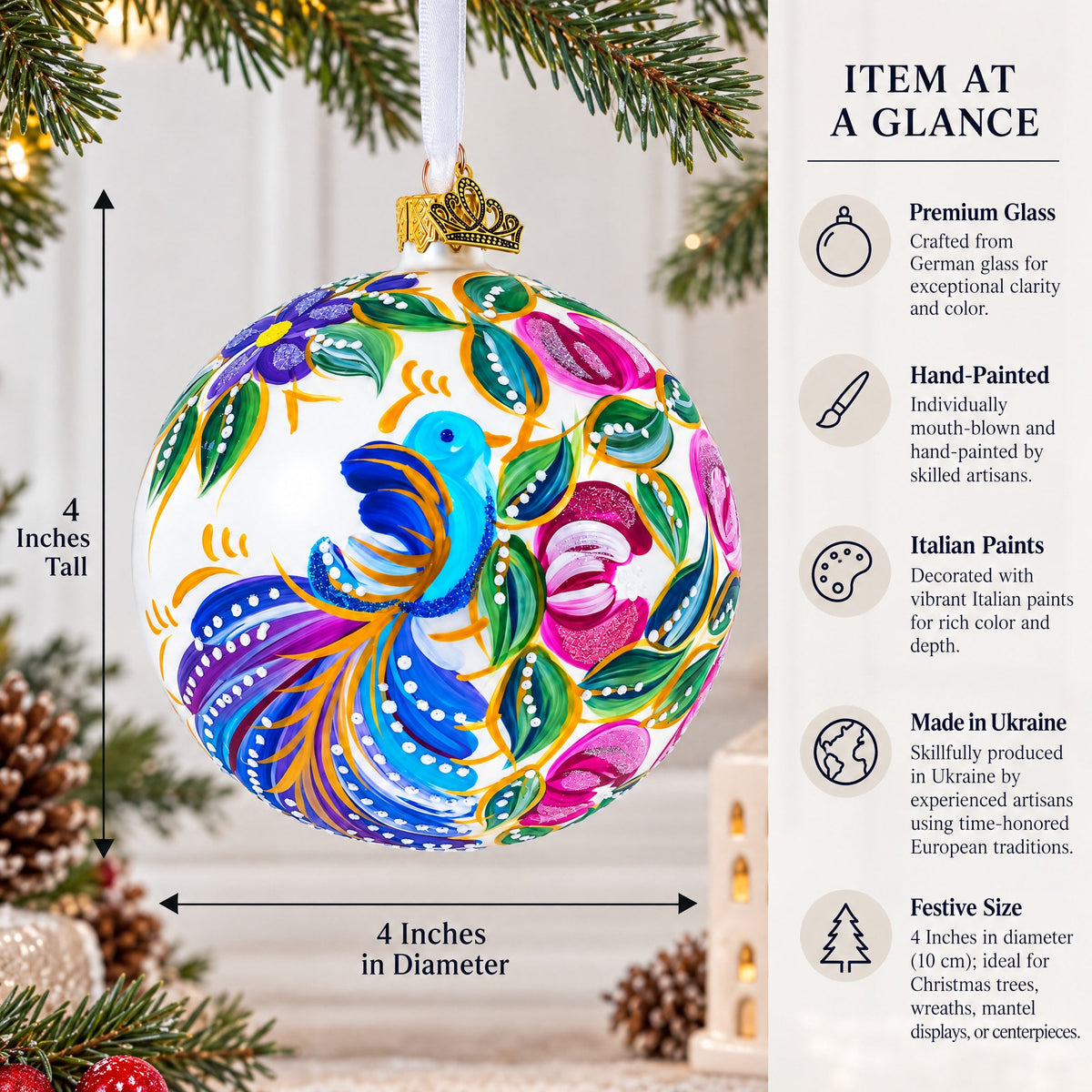 Blue Bird on White Glass Ball Christmas Ornament 4 Inches