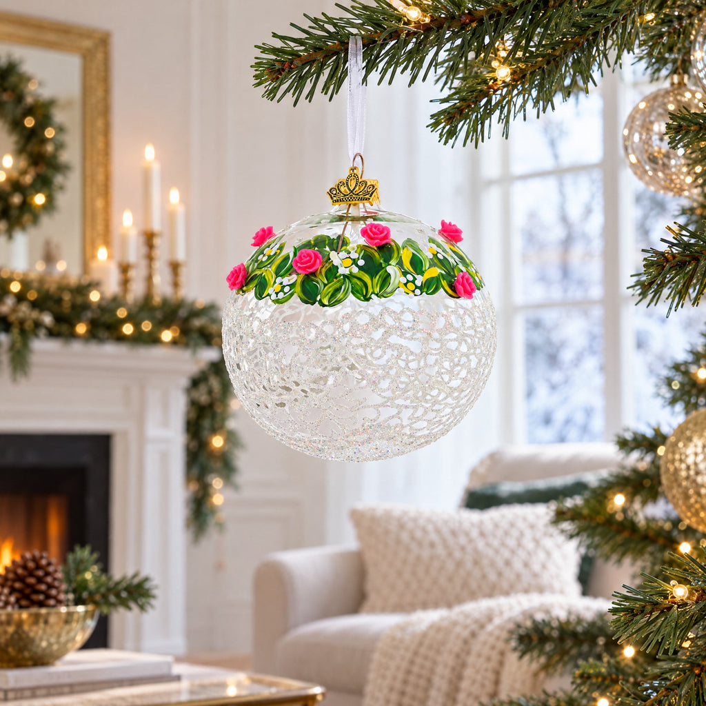 Dimensional Pink Roses Glass Ball Christmas Ornament 4 Inches