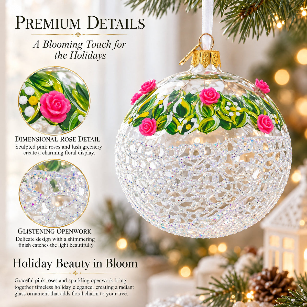 Dimensional Pink Roses Glass Ball Christmas Ornament 4 Inches