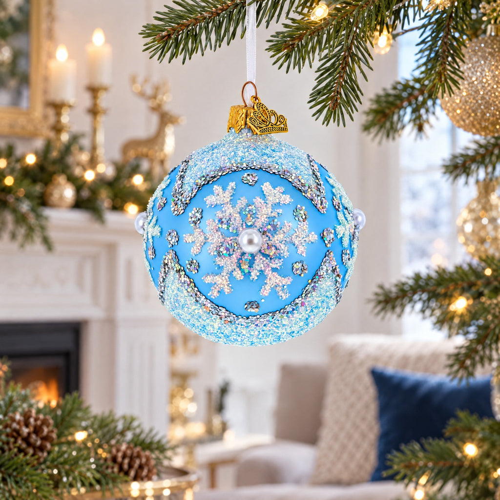 Sparkling Blue Snowflake and Pearl Glass Ball Ornament 3.25 Inches
