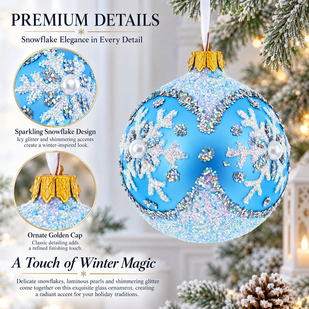 Sparkling Blue Snowflake and Pearl Glass Ball Ornament 3.25 Inches