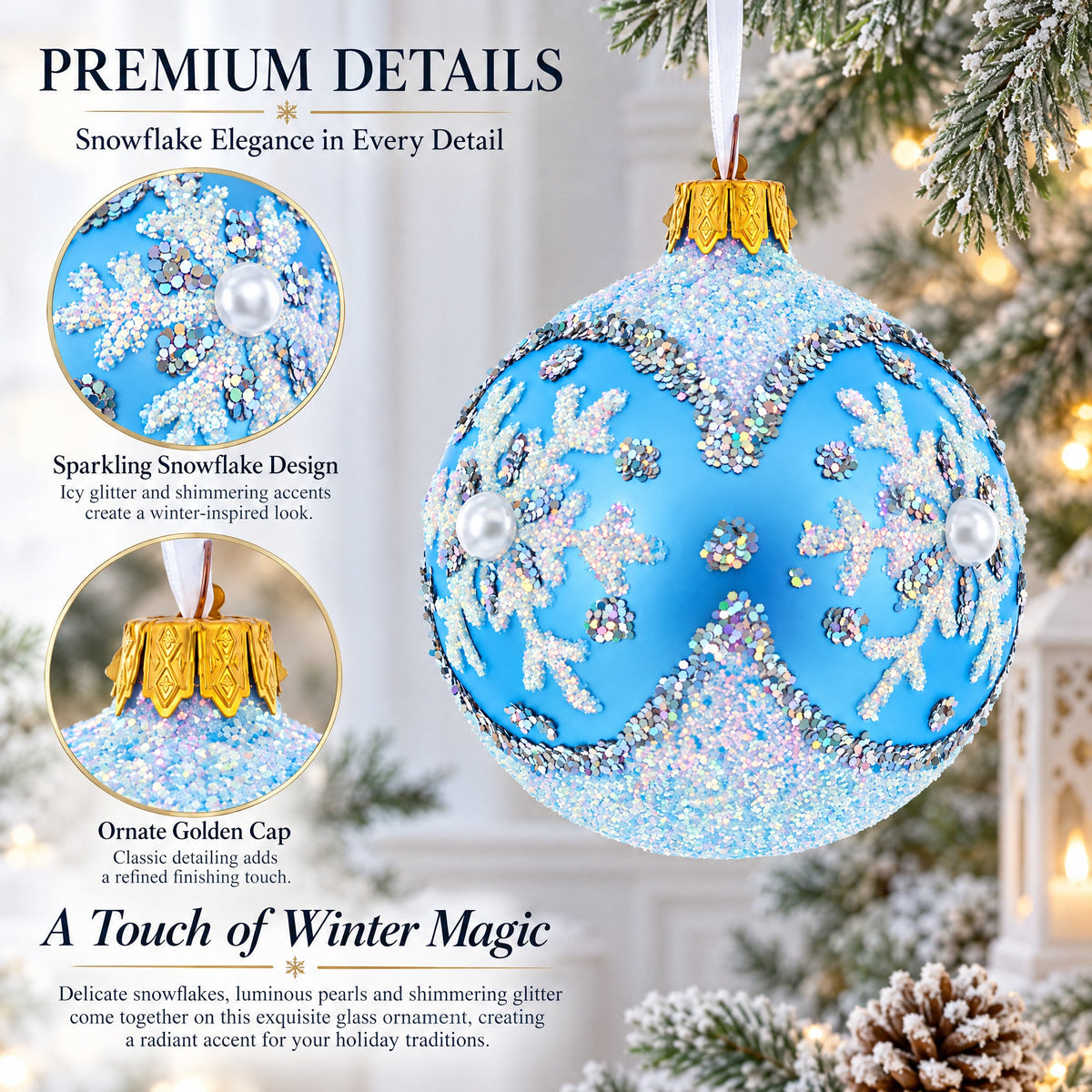 Sparkling Blue Snowflake and Pearl Glass Ball Ornament 3.25 Inches
