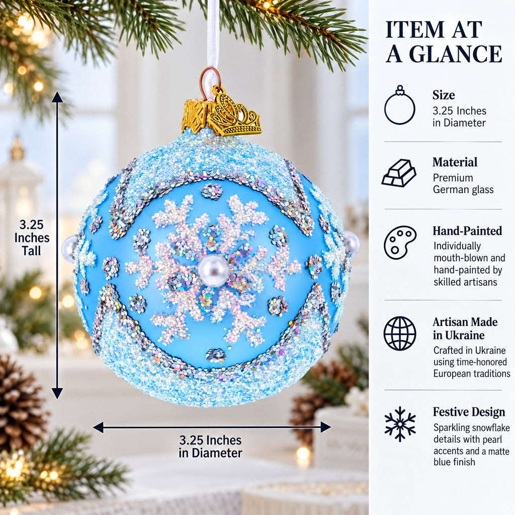 Sparkling Blue Snowflake and Pearl Glass Ball Ornament 3.25 Inches