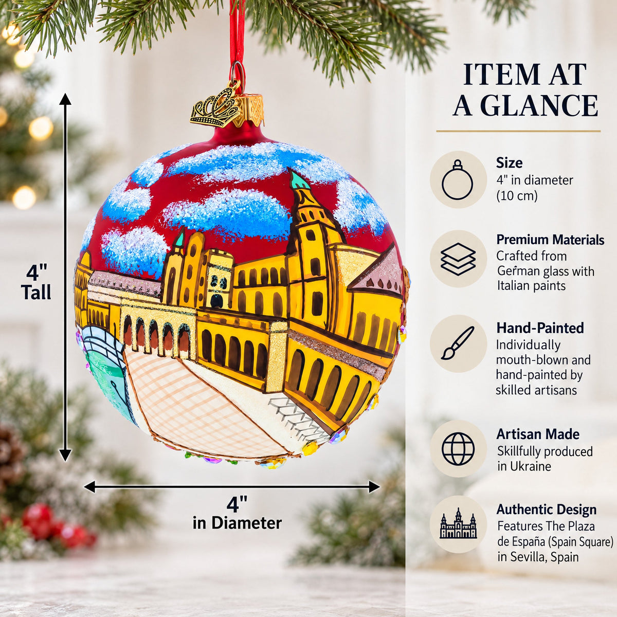 The Plaza de España (Spain Square) Sevilla, Spain Glass Ball Christmas Ornament
