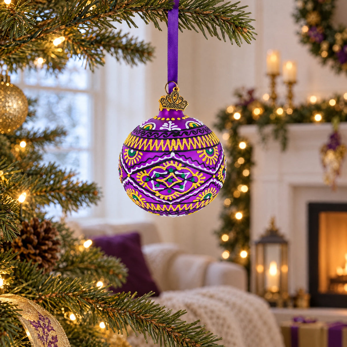 Purple Geometric Ukrainian Glass Ball Christmas Ornament 2.4 Inches