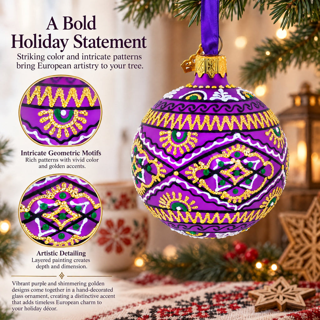 Purple Geometric Ukrainian Glass Ball Christmas Ornament 2.4 Inches