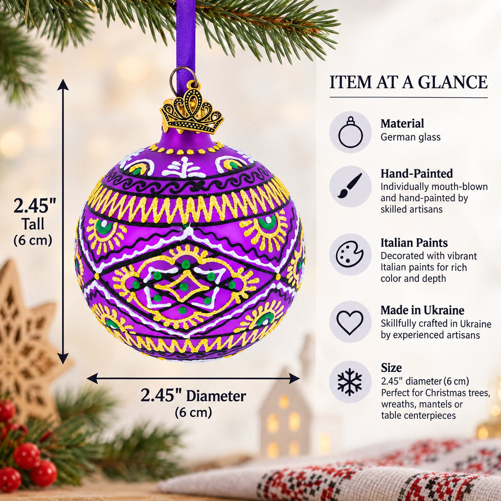 Purple Geometric Ukrainian Glass Ball Christmas Ornament 2.4 Inches