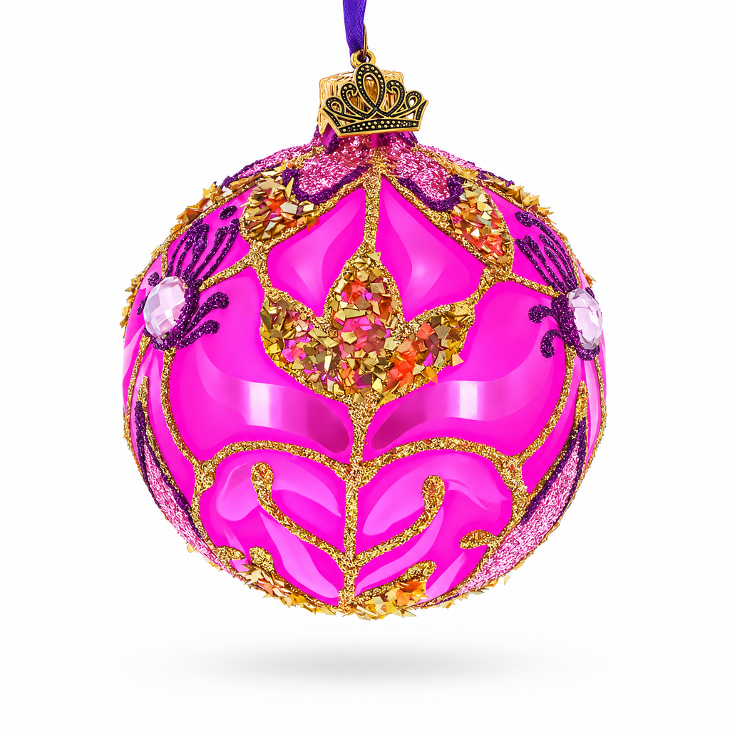 Pink with Gold Scrolls Jewel Iridescent Leaf Glass Ball Christmas Ornament 3.25 Inches