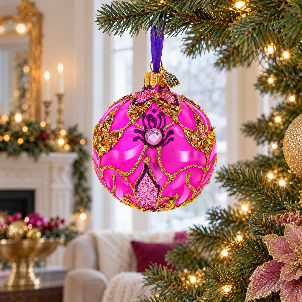 Pink with Gold Scrolls Jewel Iridescent Leaf Glass Ball Christmas Ornament 3.25 Inches