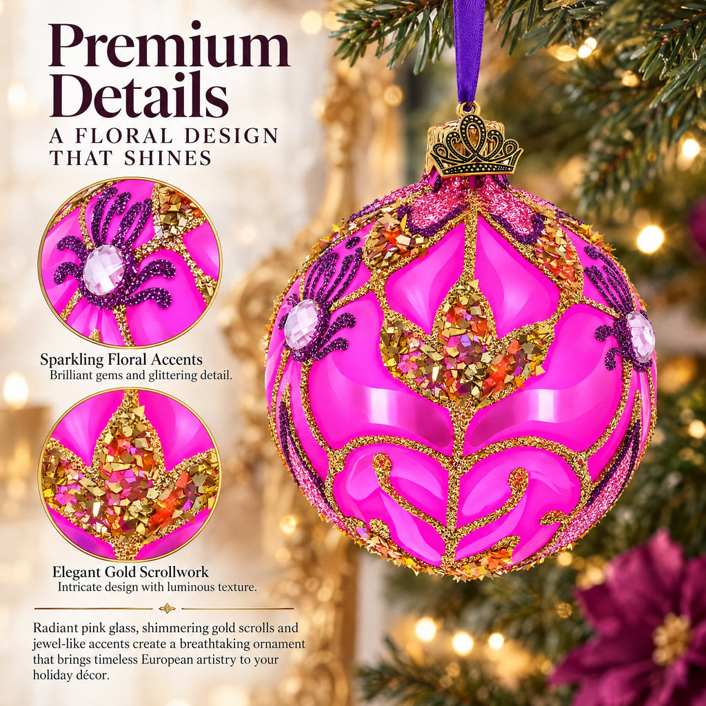 Pink with Gold Scrolls Jewel Iridescent Leaf Glass Ball Christmas Ornament 3.25 Inches