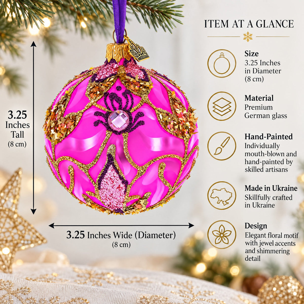 Pink with Gold Scrolls Jewel Iridescent Leaf Glass Ball Christmas Ornament 3.25 Inches
