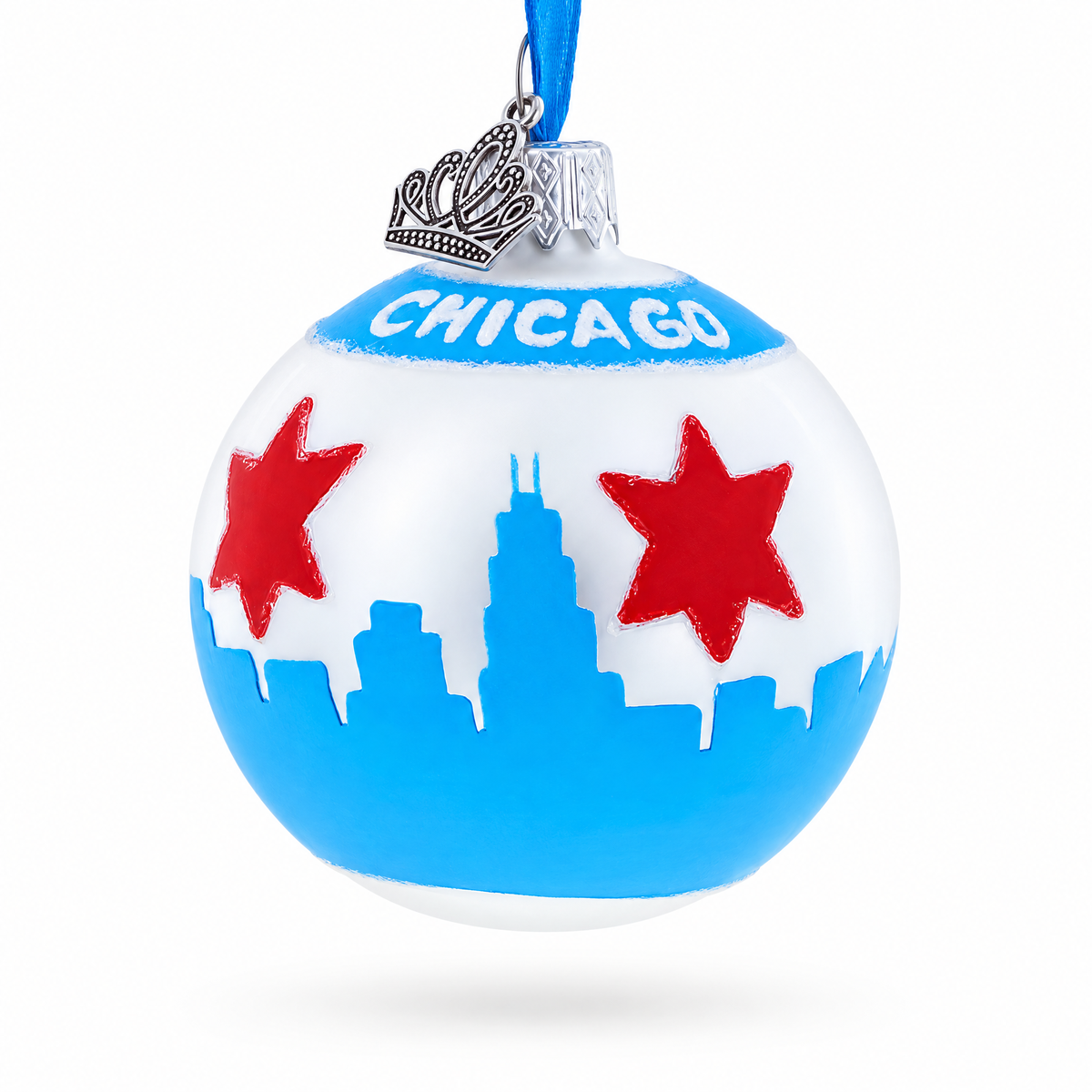 Chicago Skyline and Flag on Silver Glass Ball Christmas Ornament