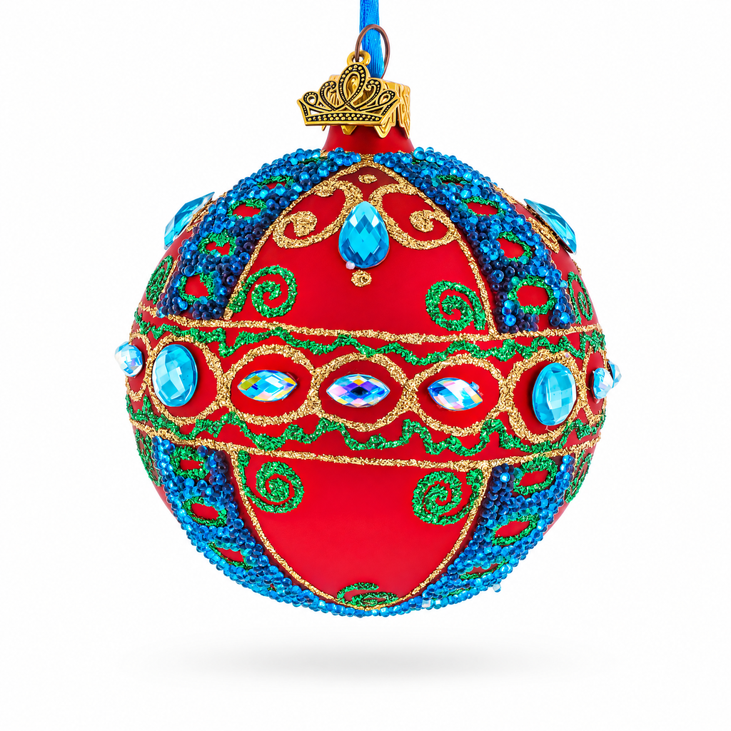 Blue Gem Accents and Gold Swirls on Red Glass Ball Christmas Ornament 3.25 Inches