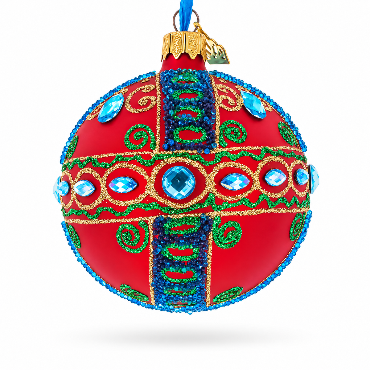 Blue Gem Accents and Gold Swirls on Red Glass Ball Christmas Ornament 3.25 Inches