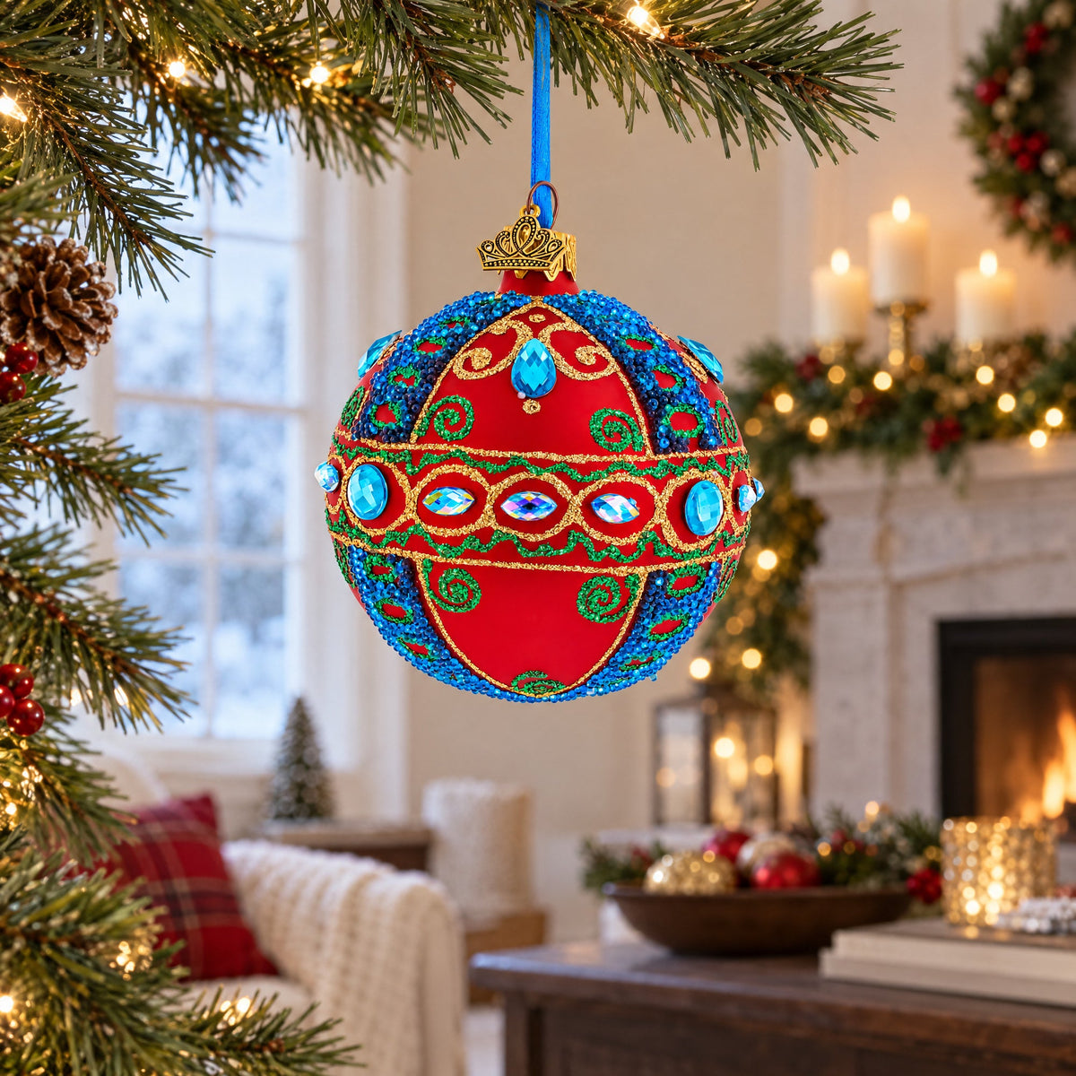 Blue Gem Accents and Gold Swirls on Red Glass Ball Christmas Ornament 3.25 Inches