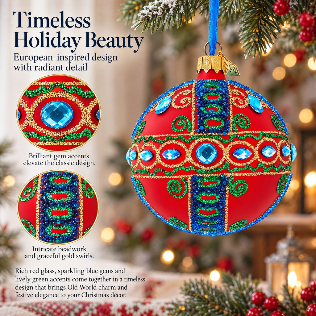 Blue Gem Accents and Gold Swirls on Red Glass Ball Christmas Ornament 3.25 Inches
