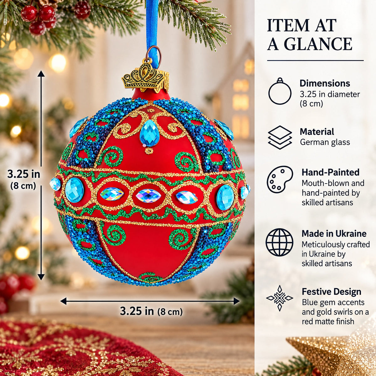 Blue Gem Accents and Gold Swirls on Red Glass Ball Christmas Ornament 3.25 Inches