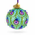 Blue Ball with Glittered Peacock Feather Design Glass Ball Christmas Ornament