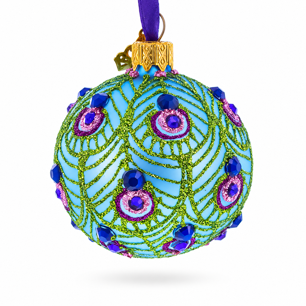 Blue Ball with Glittered Peacock Feather Design Glass Ball Christmas Ornament