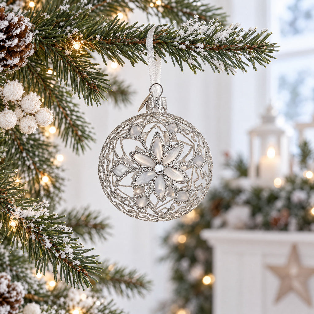 Silver Filigree Floral Design Glass Ball Christmas Ornament