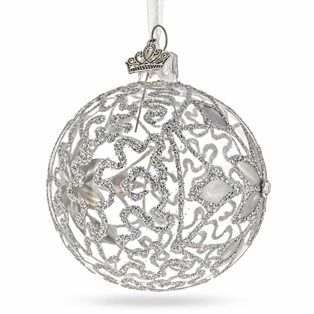Silver Filigree Floral Design Glass Ball Christmas Ornament