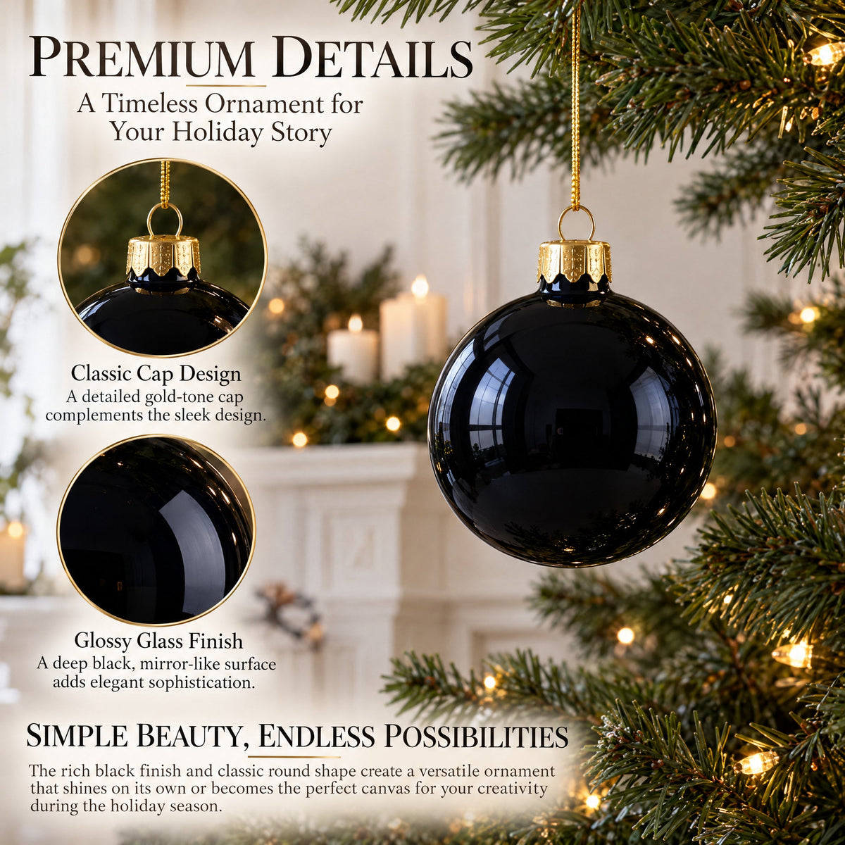 Black Glossy Glass Ball Christmas Ornament 3.25 Inches (036)