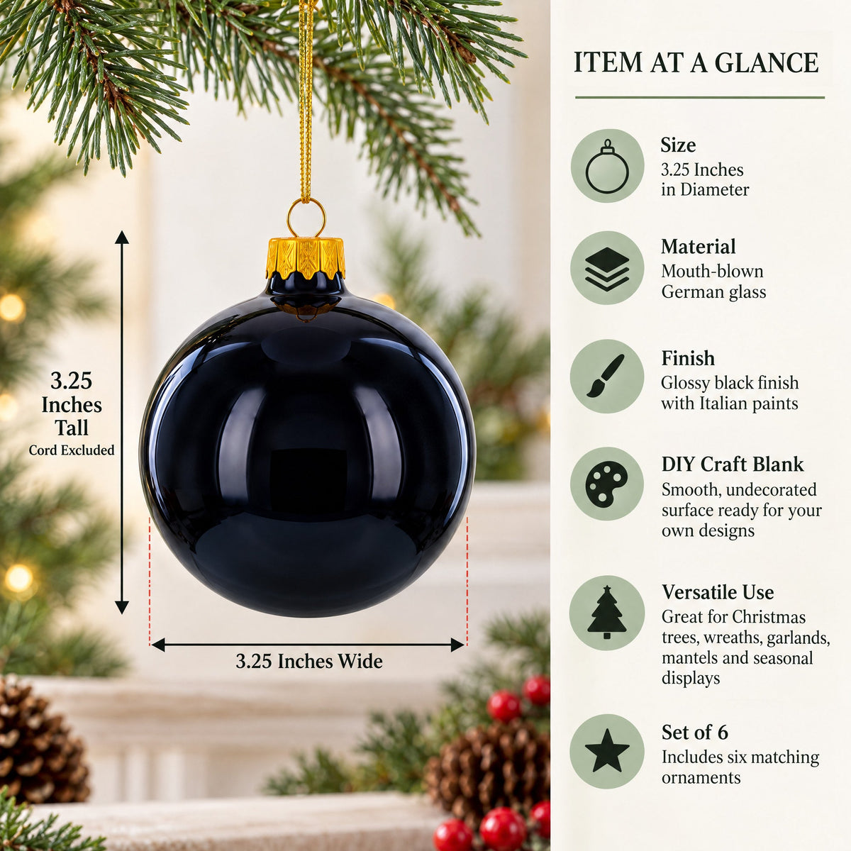 Black Glossy Glass Ball Christmas Ornament 3.25 Inches (036)