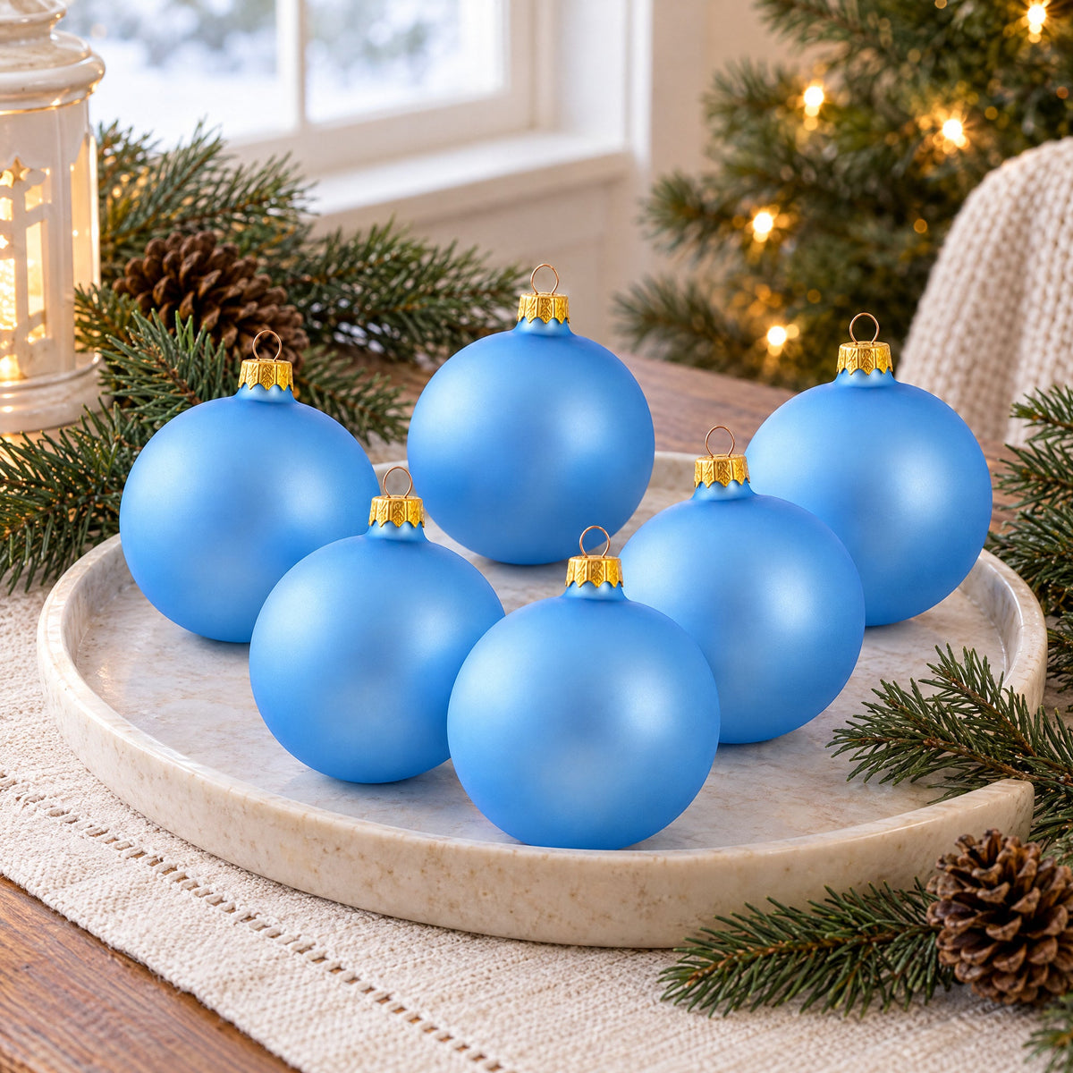 Set of 6 Matte Light Blue Glass Ball Christmas Ornaments 3.25 Inches (042)