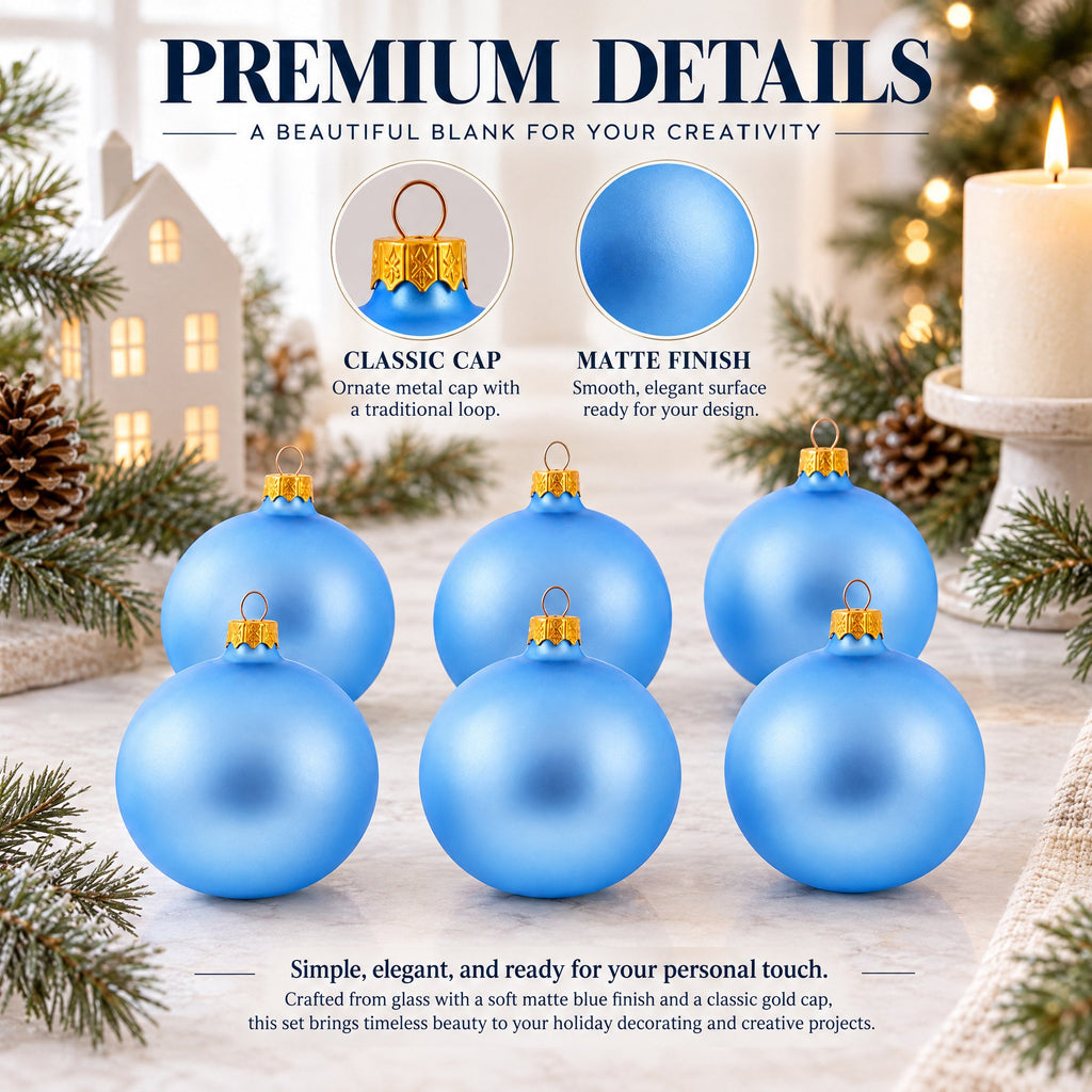 Set of 6 Matte Light Blue Glass Ball Christmas Ornaments 3.25 Inches (042)