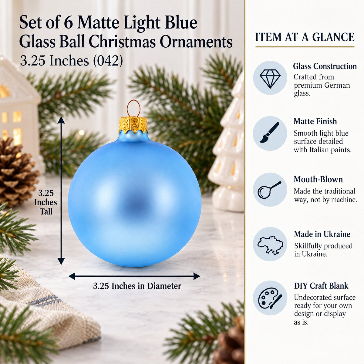 Set of 6 Matte Light Blue Glass Ball Christmas Ornaments 3.25 Inches (042)