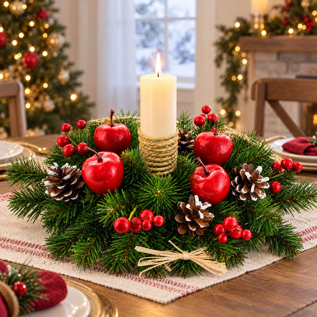 Ukrainian Candle Holder Decoration with Straw Bow, Apples & Pine Cones 16 Inches