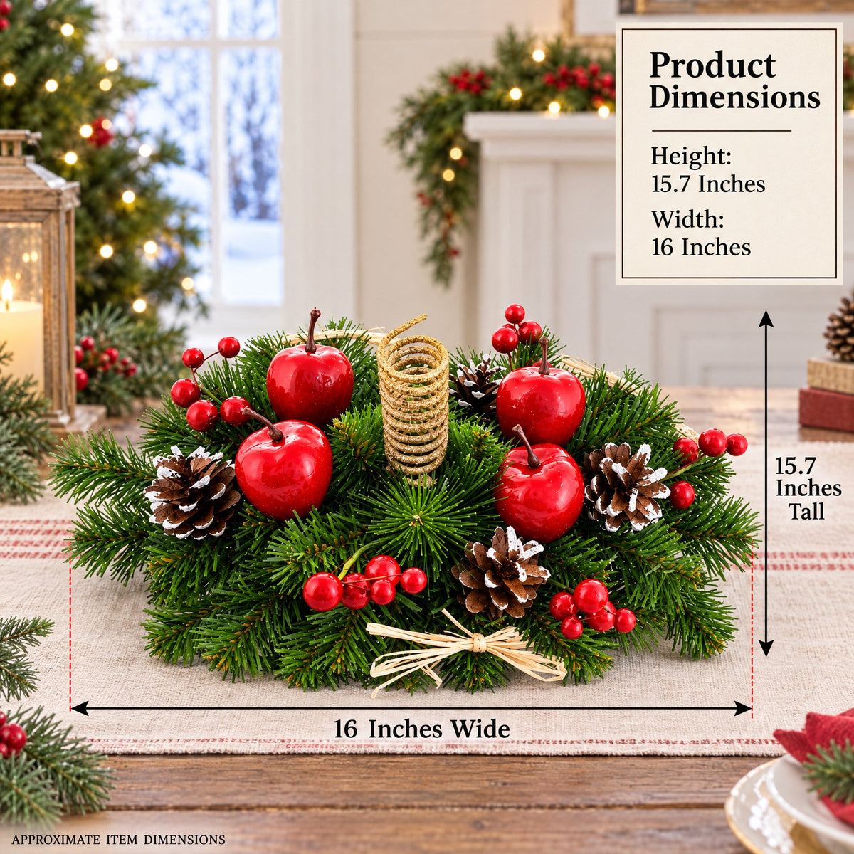Ukrainian Candle Holder Decoration with Straw Bow, Apples & Pine Cones 16 Inches