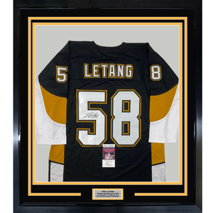 Framed Autographed/Signed Kris Letang 35x39 Pittsburgh Black Hockey Jersey JSA COA