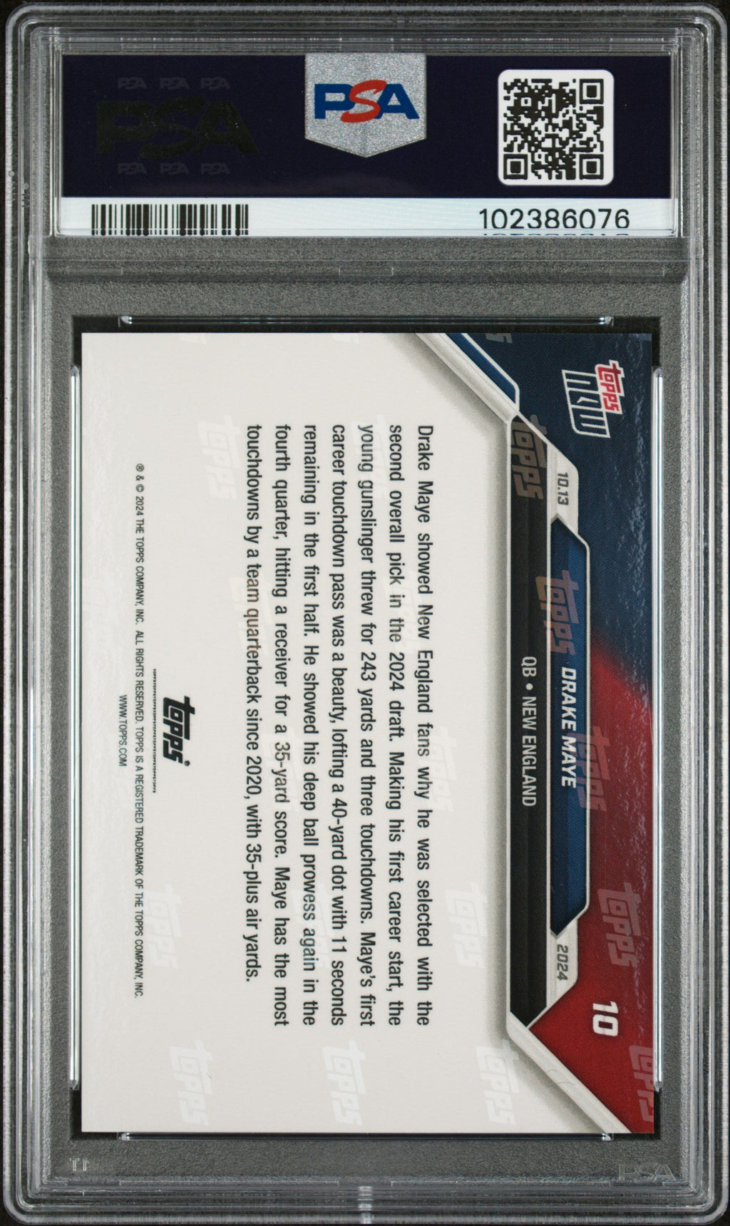 Graded 2024 Topps Now Drake Maye #10 Rockets 3 Touchdown Passes in 1st Career Start Rookie RC Football Card PSA 10 Gem Mint