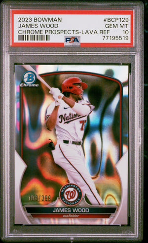 Graded 2023 Topps Bowman James Wood #BCP129 Chrome Prospects Lava Refractor #/399 Rookie RC Baseball Card PSA 10 Gem Mint