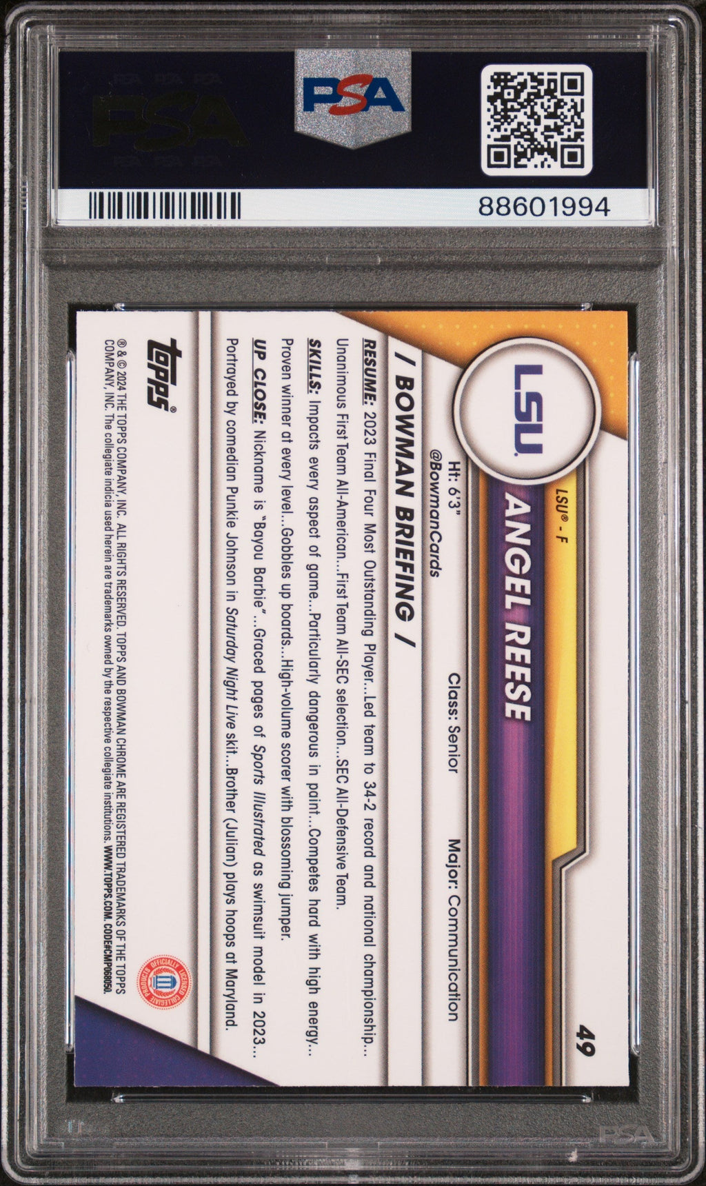 Graded 2023 Topps Bowman U Sapphire Angel Reese #49 Rookie RC Basketball Card PSA 10 Gem Mint