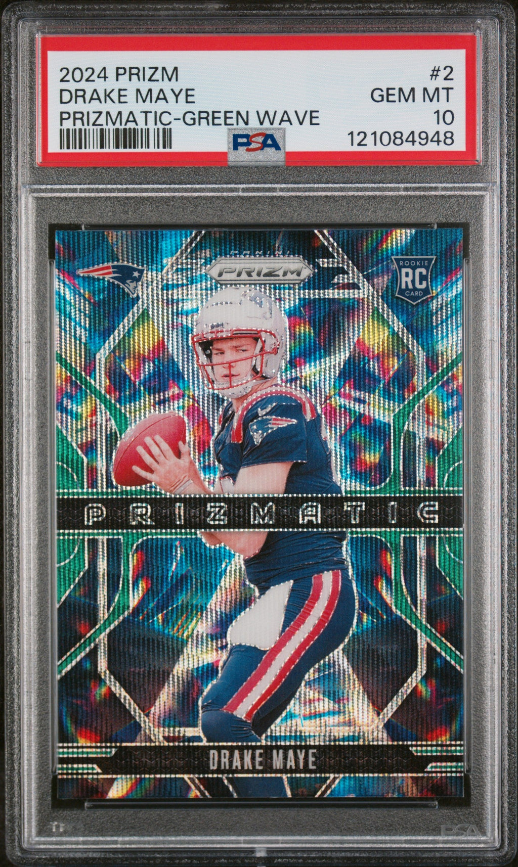 Graded 2024 Panini Prizm Drake Maye #2 Prizmatic Green Wave Rookie RC Football Card PSA 10 Gem Mint