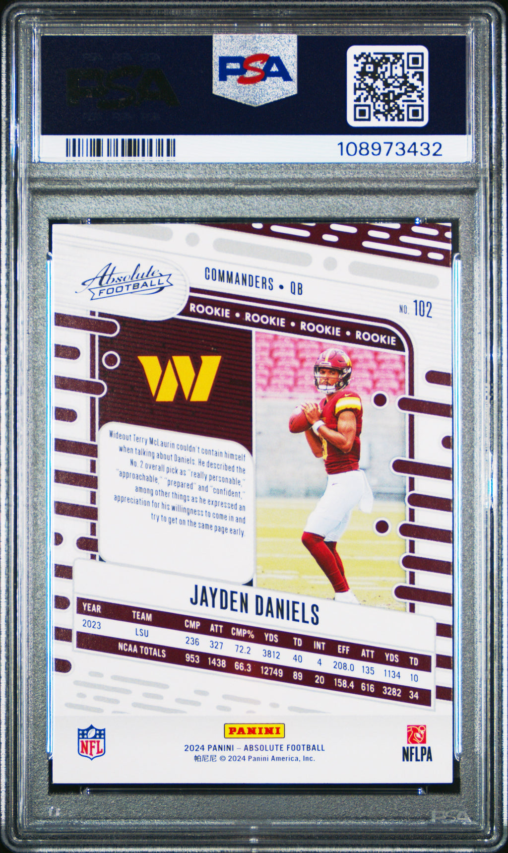 Graded 2024 Panini Absolute Jayden Daniels #102 Orange Rookie RC Football Card PSA 10 Gem Mint