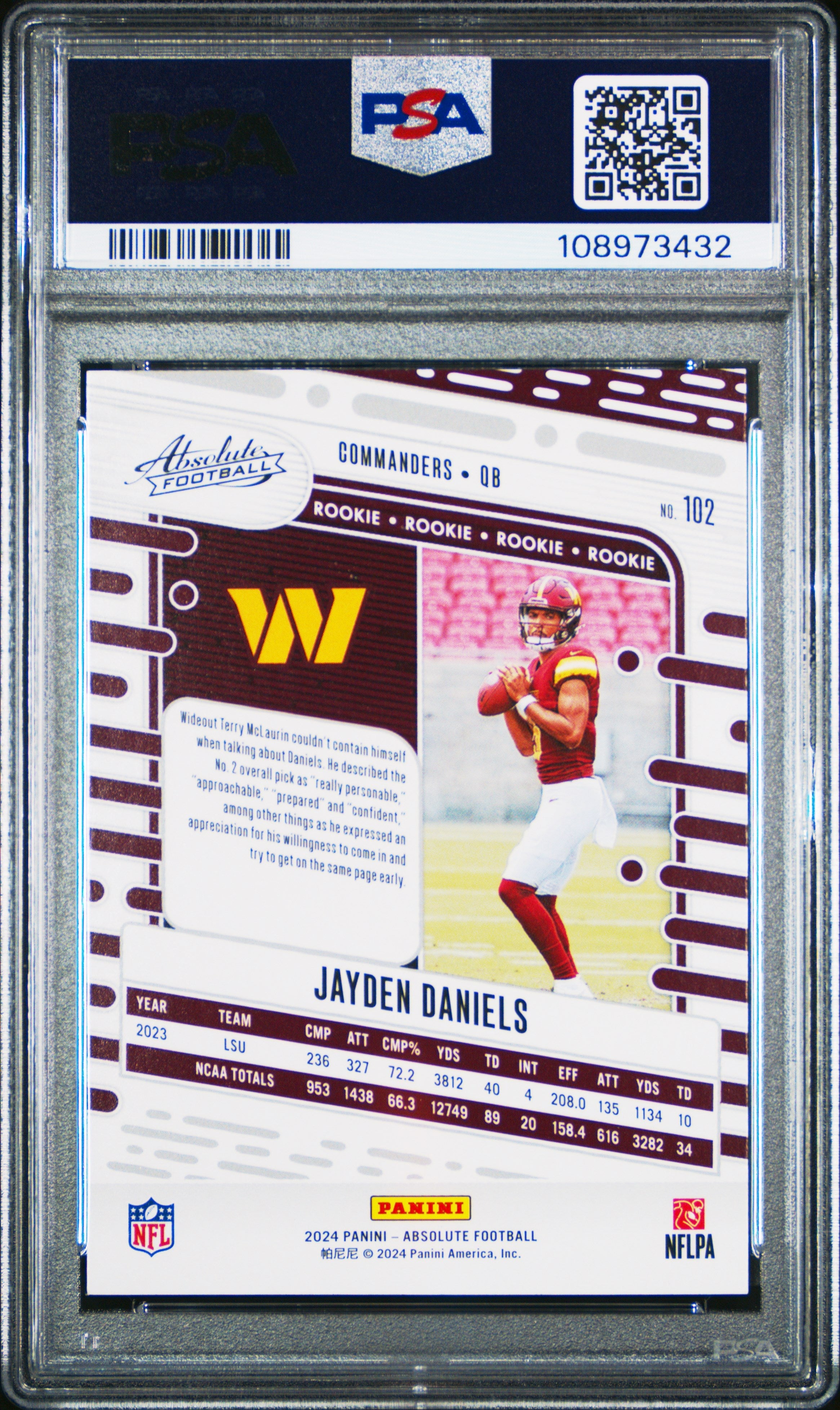 Graded 2024 Panini Absolute Jayden Daniels #102 Orange Rookie RC Football Card PSA 10 Gem Mint
