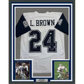 Framed Autographed/Signed Larry Brown 35x39 Super Bowl XXX MVP Dallas White Color Rush Football Jersey JSA COA