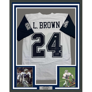 Framed Autographed/Signed Larry Brown 35x39 Super Bowl XXX MVP Dallas White Color Rush Football Jersey JSA COA