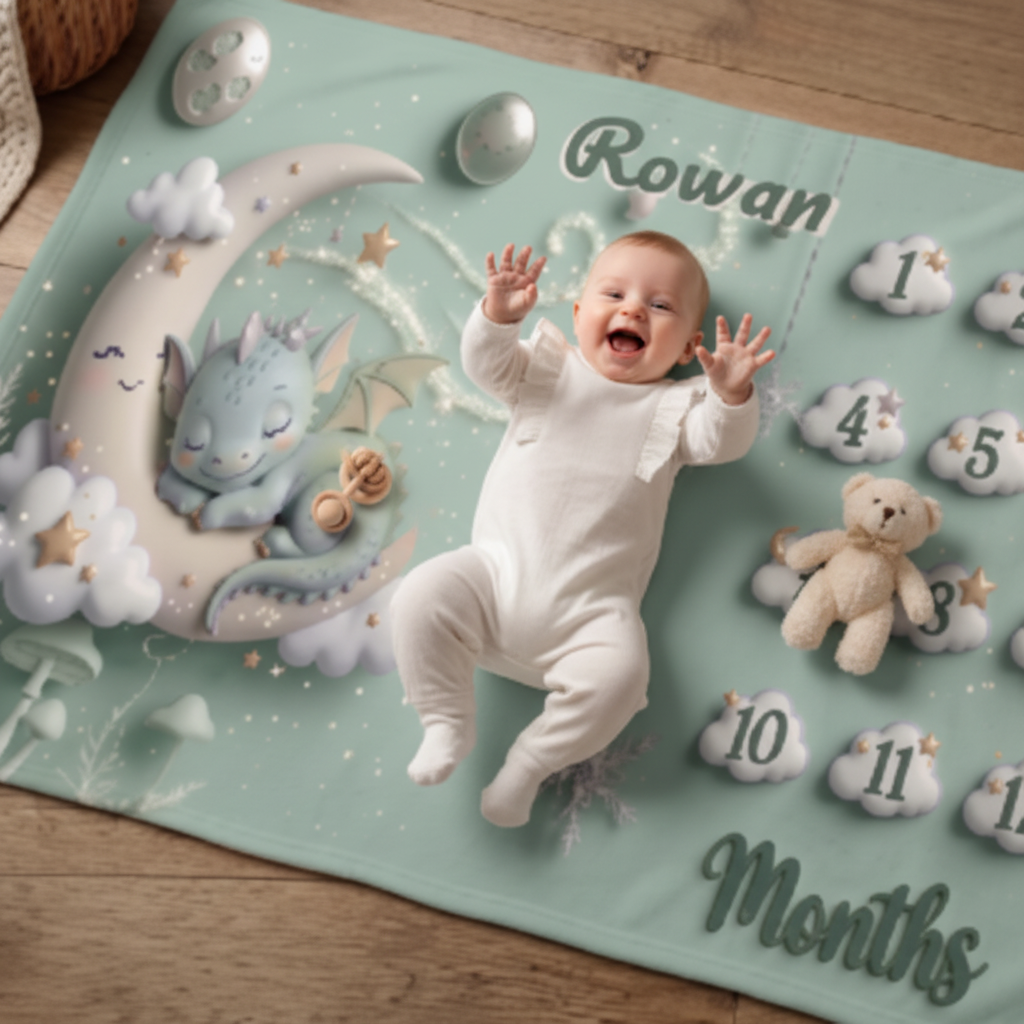 Personalised Baby Milestone Blanket | Sleeping Dragon & Moon 3D Deluxe