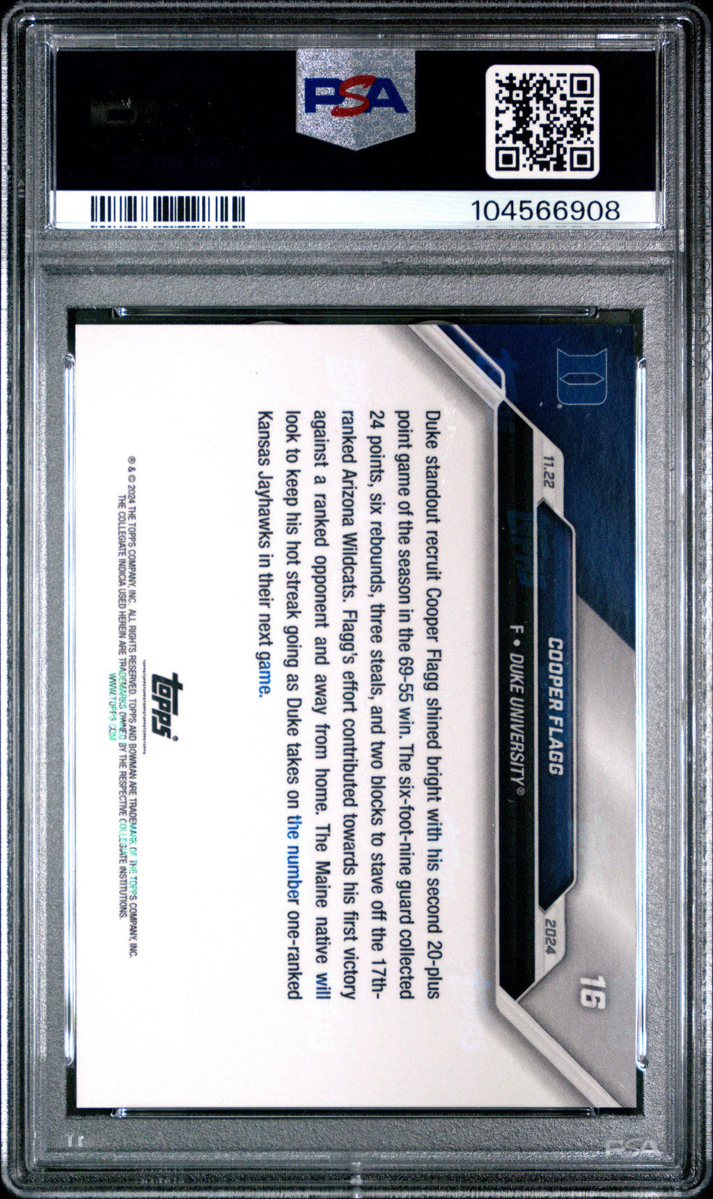 Graded 2024 Topps Bowman U Now Cooper Flagg #16 Rookie RC Basketball Card PSA 8 Near Mint