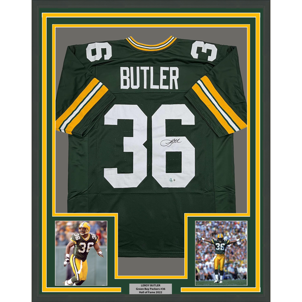Framed Autographed/Signed Leroy Butler 35x39 Green Bay Green Football Jersey Beckett BAS COA