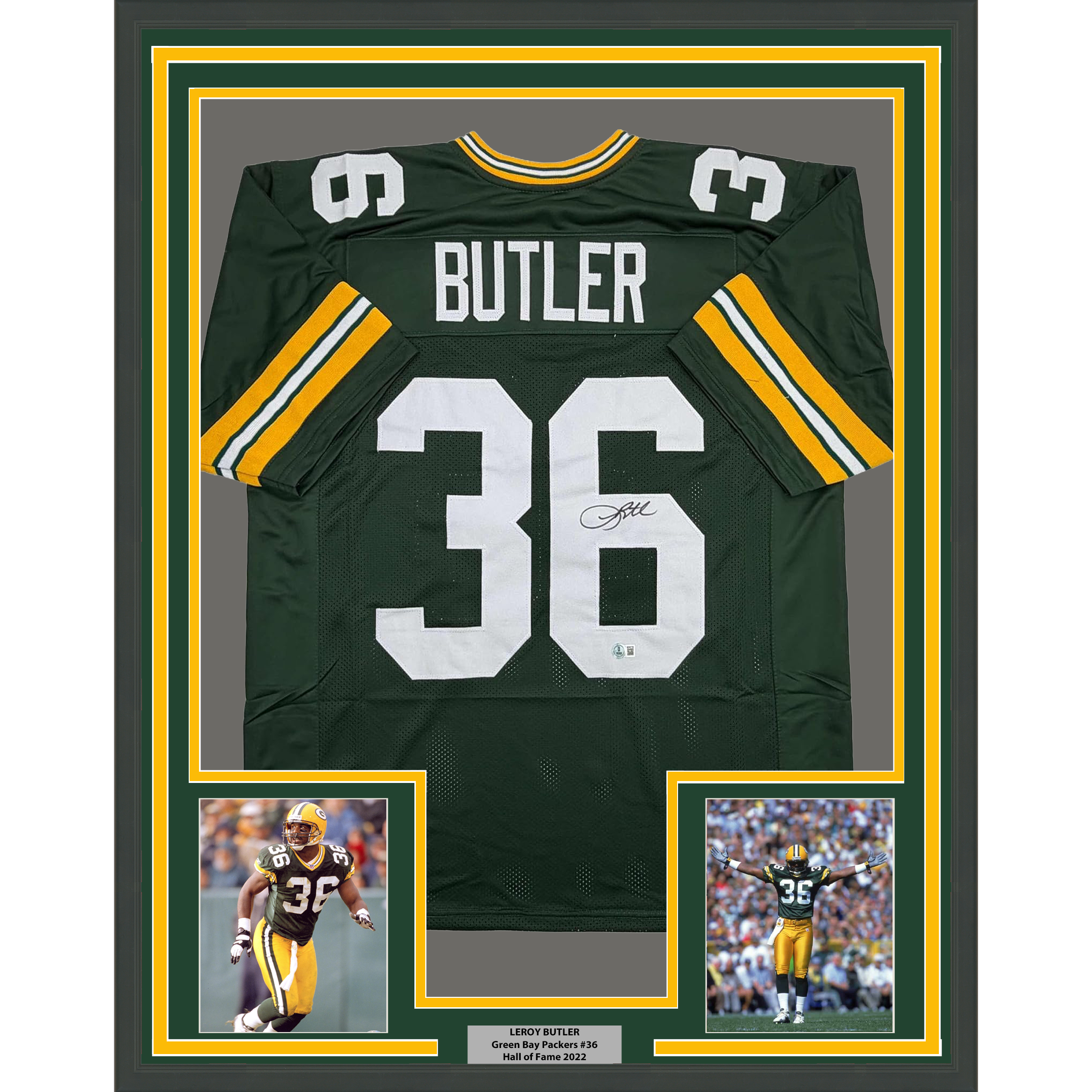 Framed Autographed/Signed Leroy Butler 35x39 Green Bay Green Football Jersey Beckett BAS COA