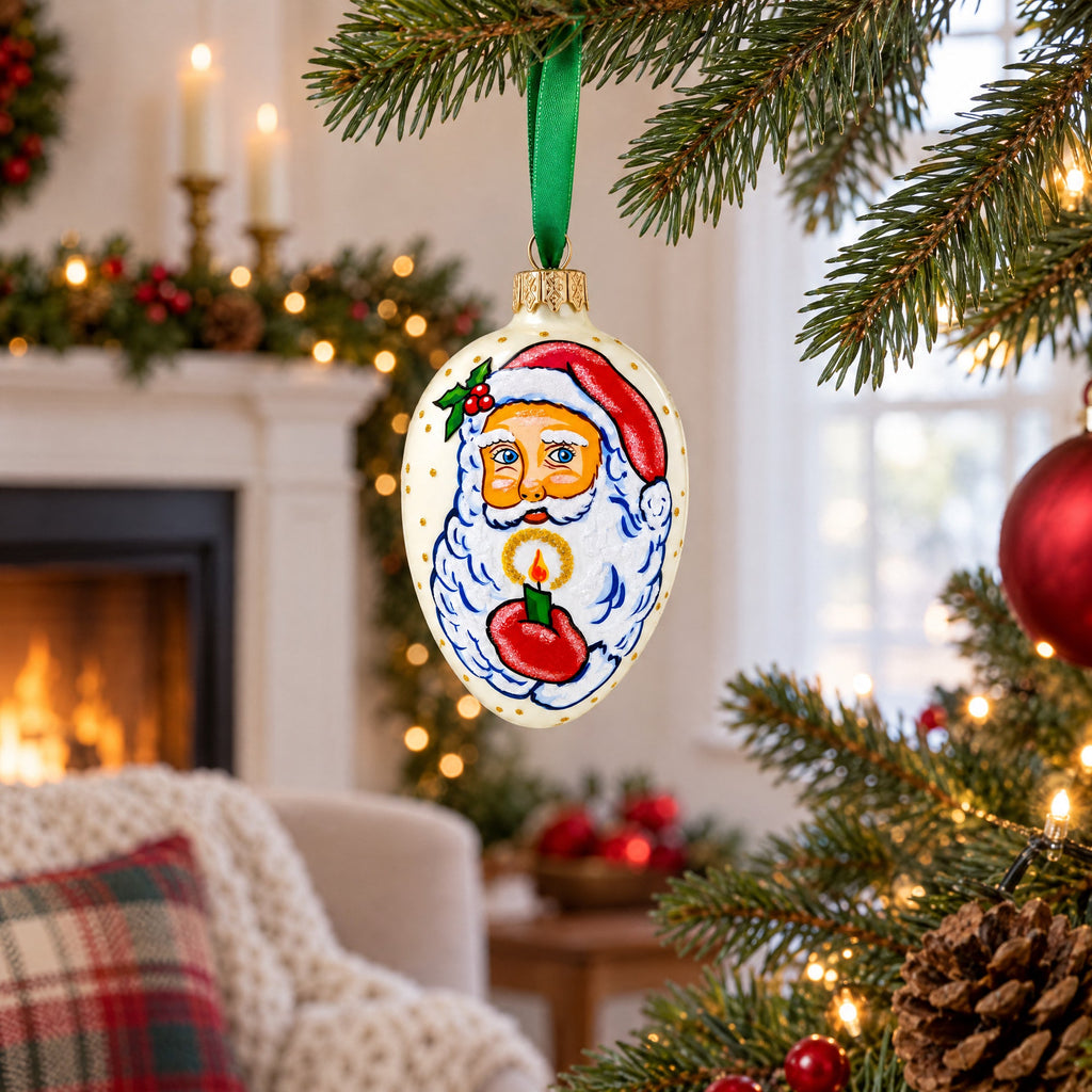 Santa Holding Candle Glass Egg Ornament 4 Inches