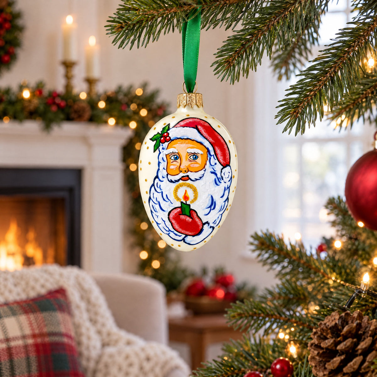 Santa Holding Candle Glass Egg Ornament 4 Inches