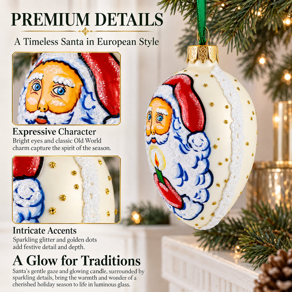 Santa Holding Candle Glass Egg Ornament 4 Inches
