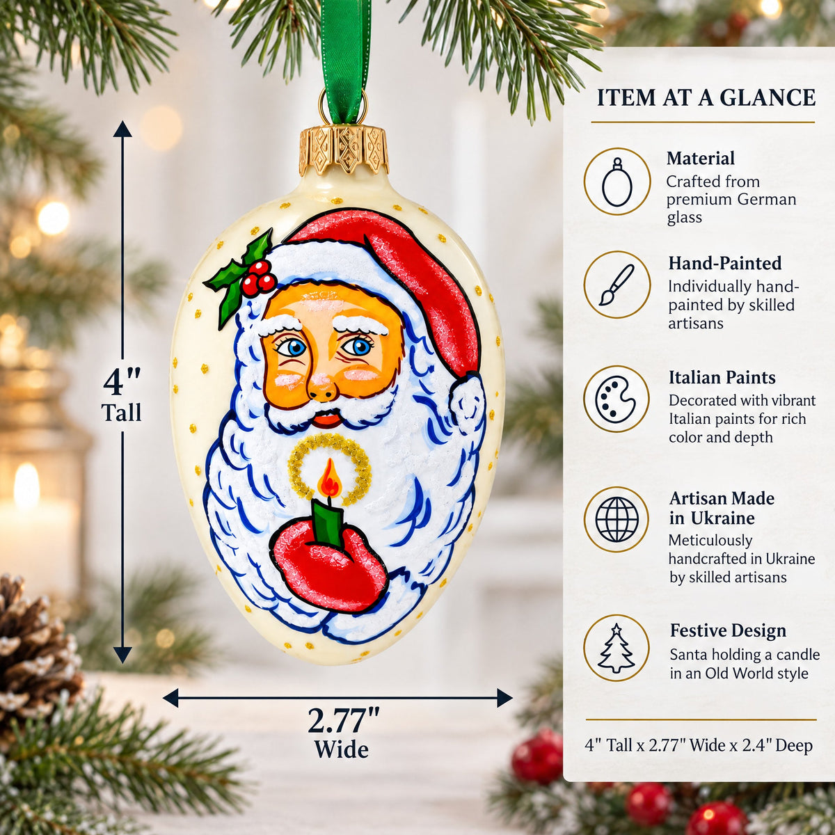 Santa Holding Candle Glass Egg Ornament 4 Inches