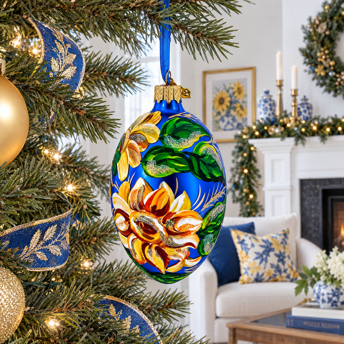 Sunflowers on Blue Glass Egg Ornament 4 Inches
